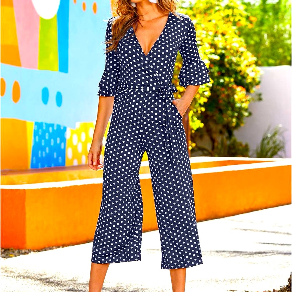 NEW Venus Navy Blue Polkadot Jumpsuit XL So Soft! Perfect for all Occasion
